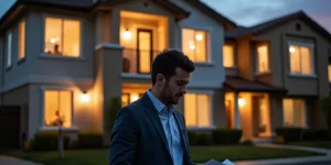 Real estate agent in a suit reviewing documents in front of a well-lit suburban home at dusk